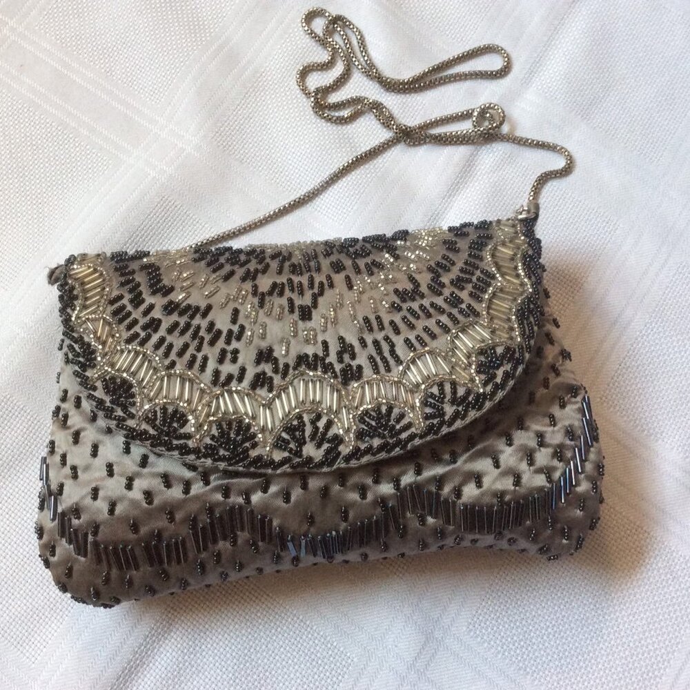 Vintage silk beaded clutch convertible with snake chain strap - not perfect
